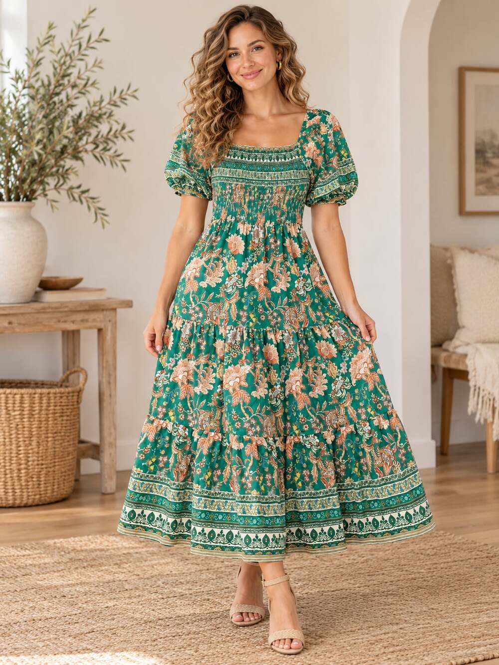 Flying Tomato Floral Maxi Dress Green Smocked Puff Sleeve Boho Size M